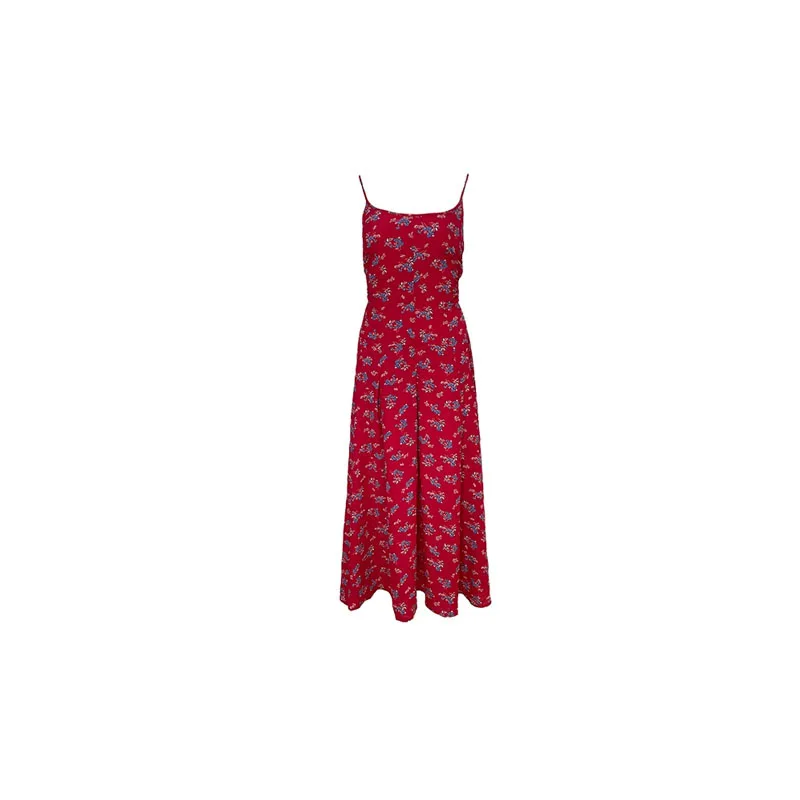 2023 Francia retro piros kis virágos harisnyatartó szoknya női nyár Új V-nyakú hát nélküli ujjatlan midi szoknya divat